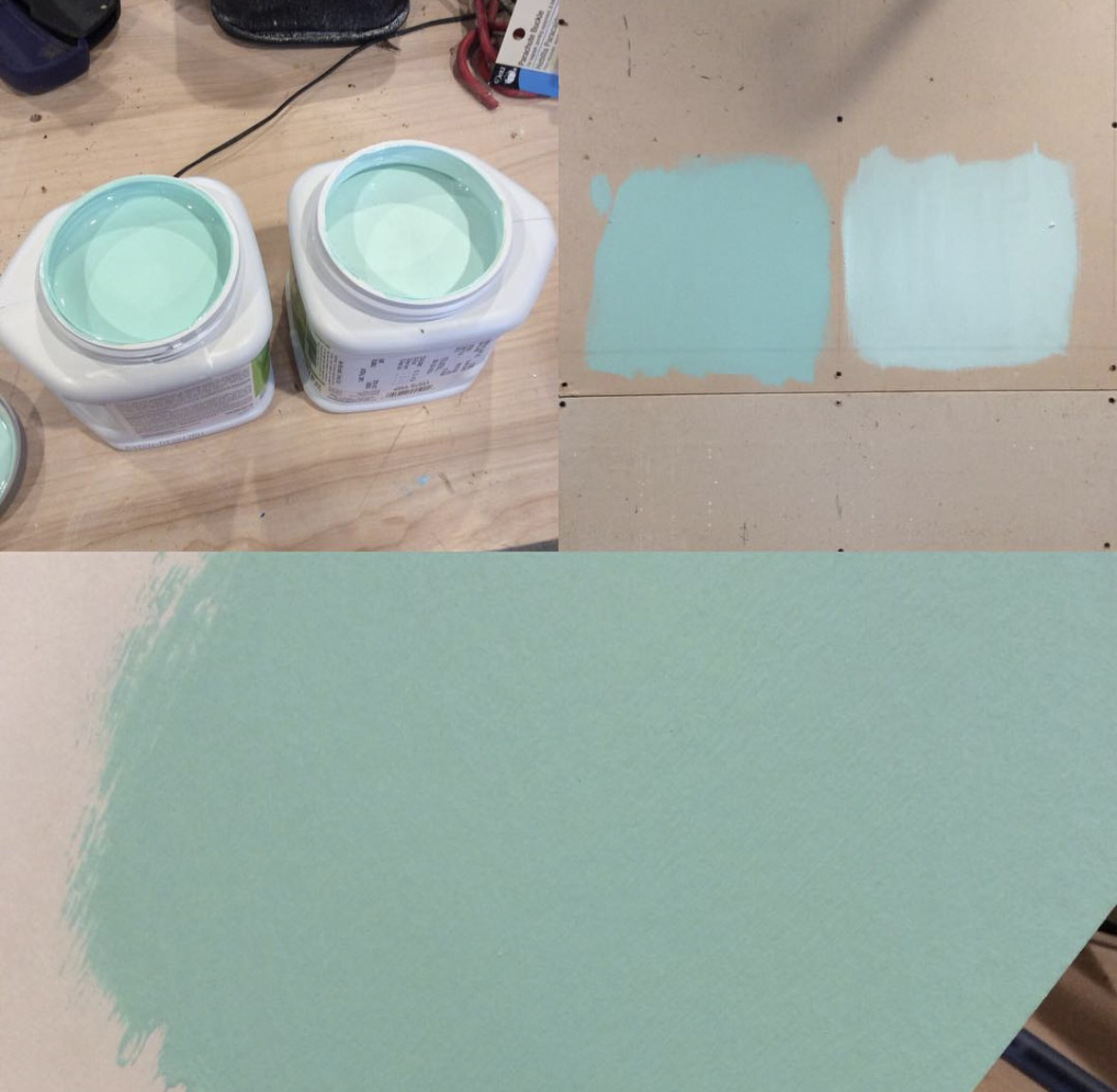 Two paint sample swatches on the wall, with the final mixed color shown at the bottom.