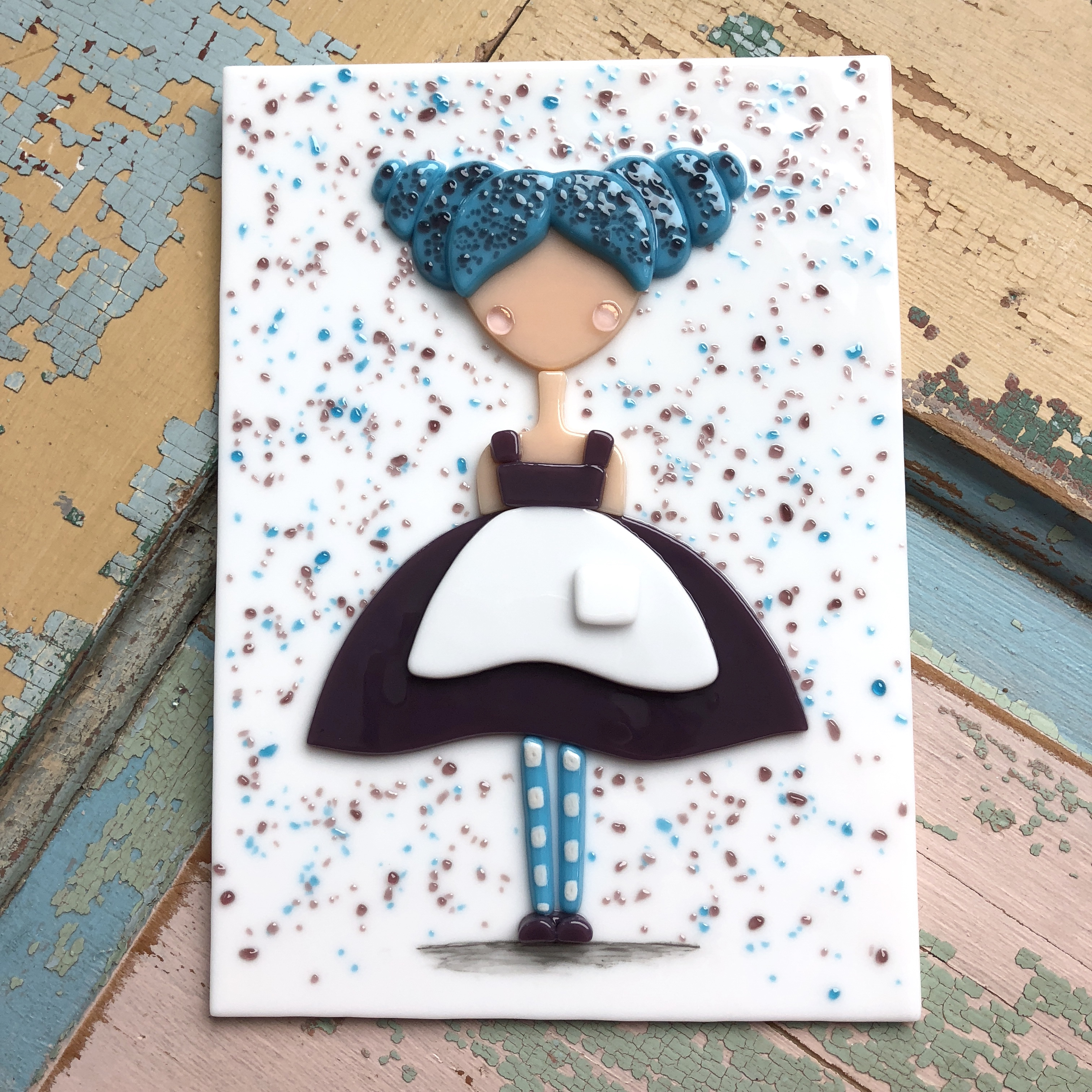 Fused glass girl based on Angela's watercolor painting