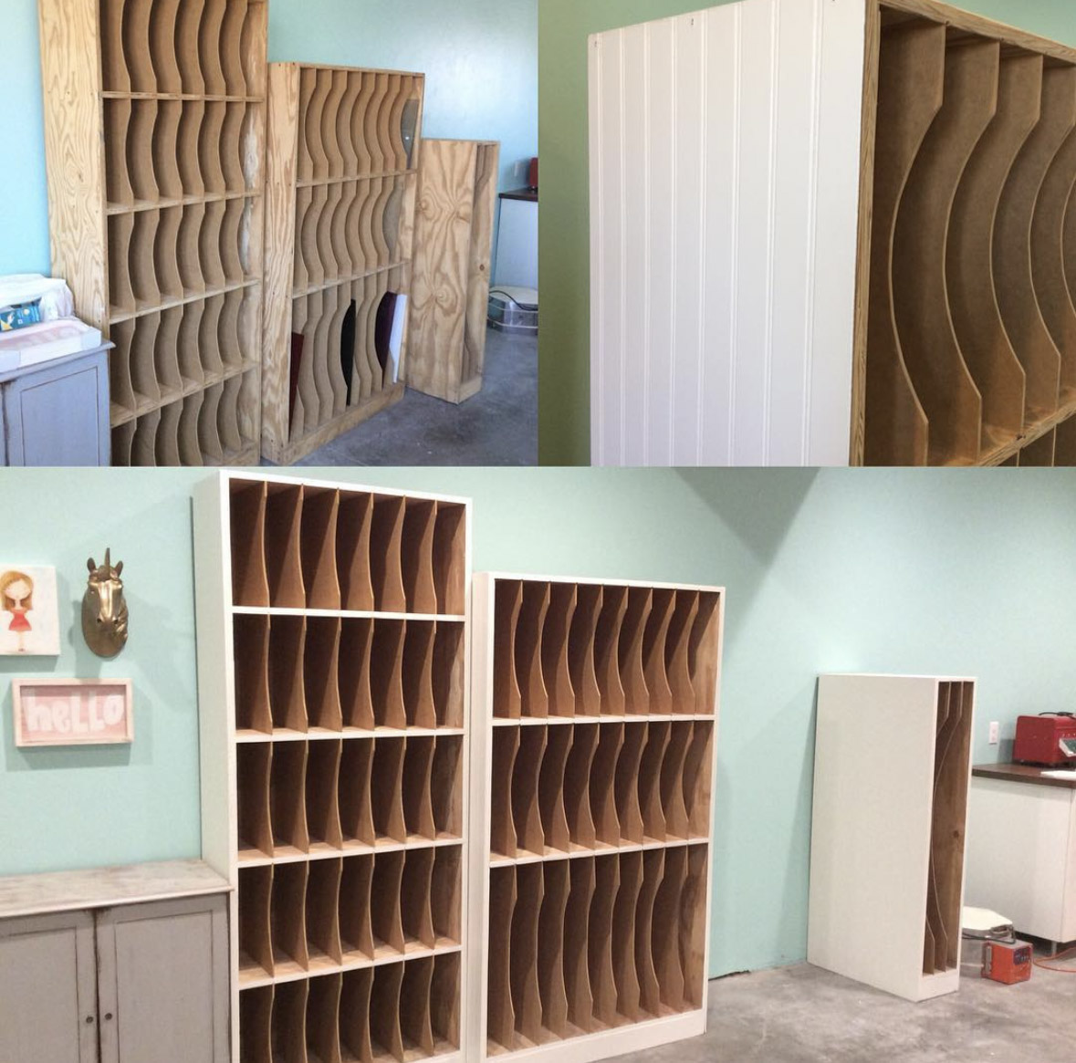 Glass storage shelves with curved dividers, built by Angela's dad.